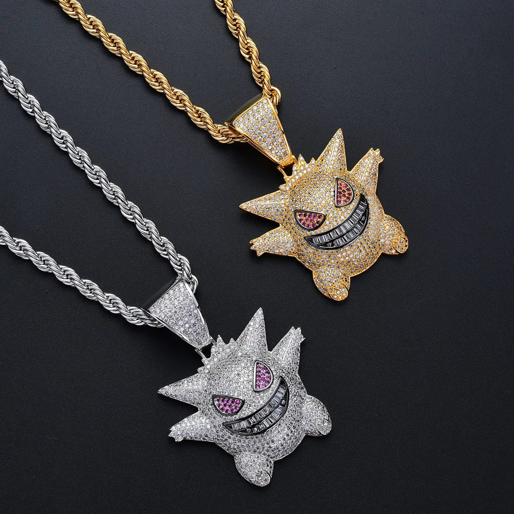 18K Gold Plated Cubic Zircon Iced Out Ghost Cartoon Pendant Necklace