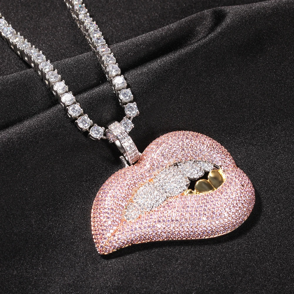 Pink Zirconia Lips Pendant Necklace