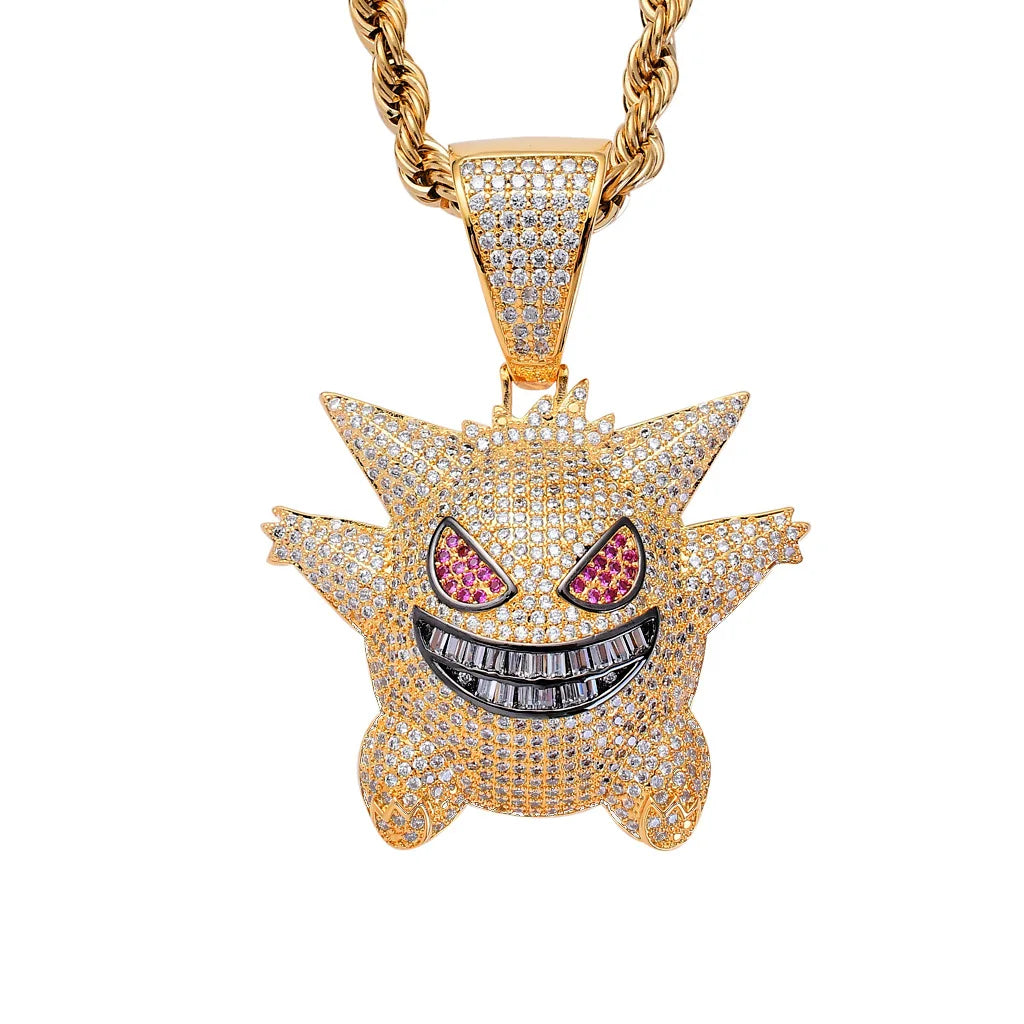 18K Gold Plated Cubic Zircon Iced Out Ghost Cartoon Pendant Necklace