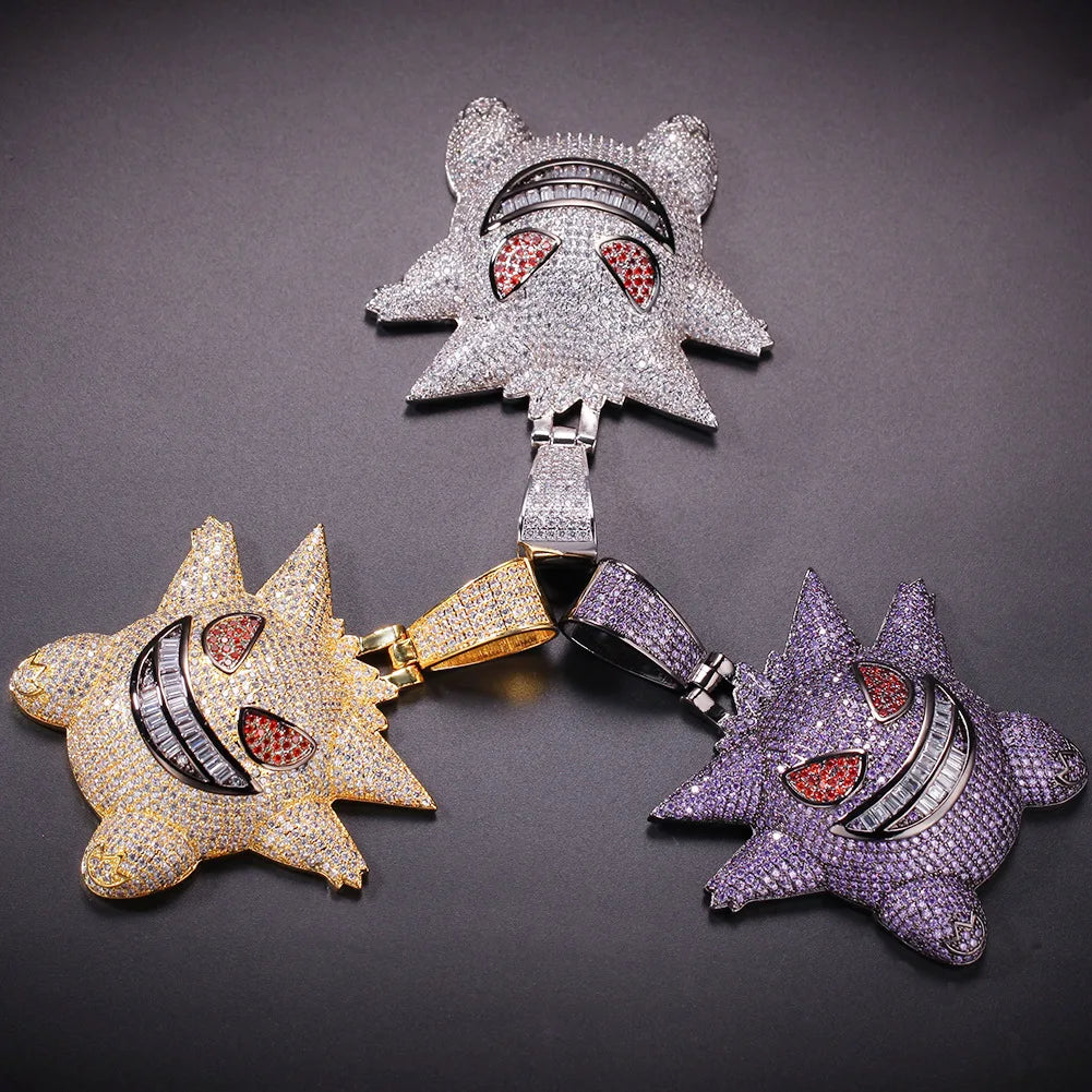 18K Gold Plated Cubic Zircon Iced Out Ghost Cartoon Pendant Necklace