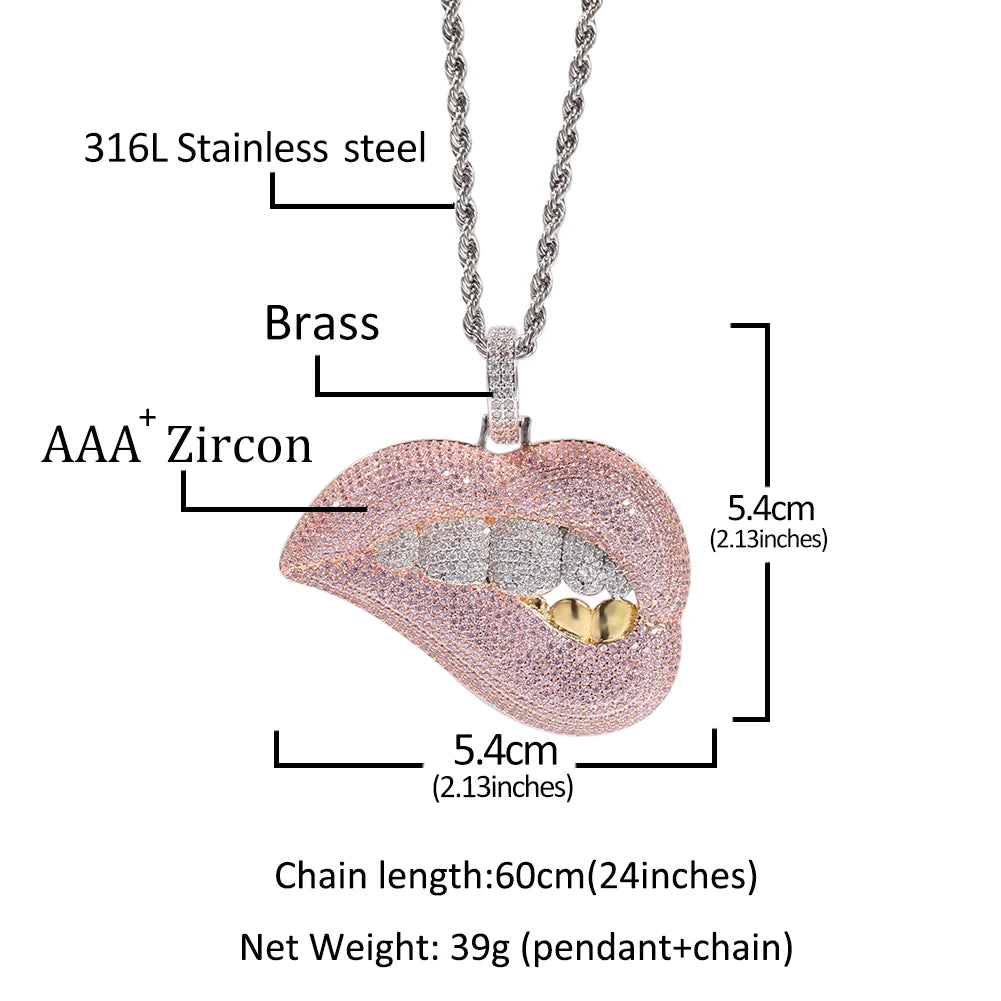 Pink Zirconia Lips Pendant Necklace