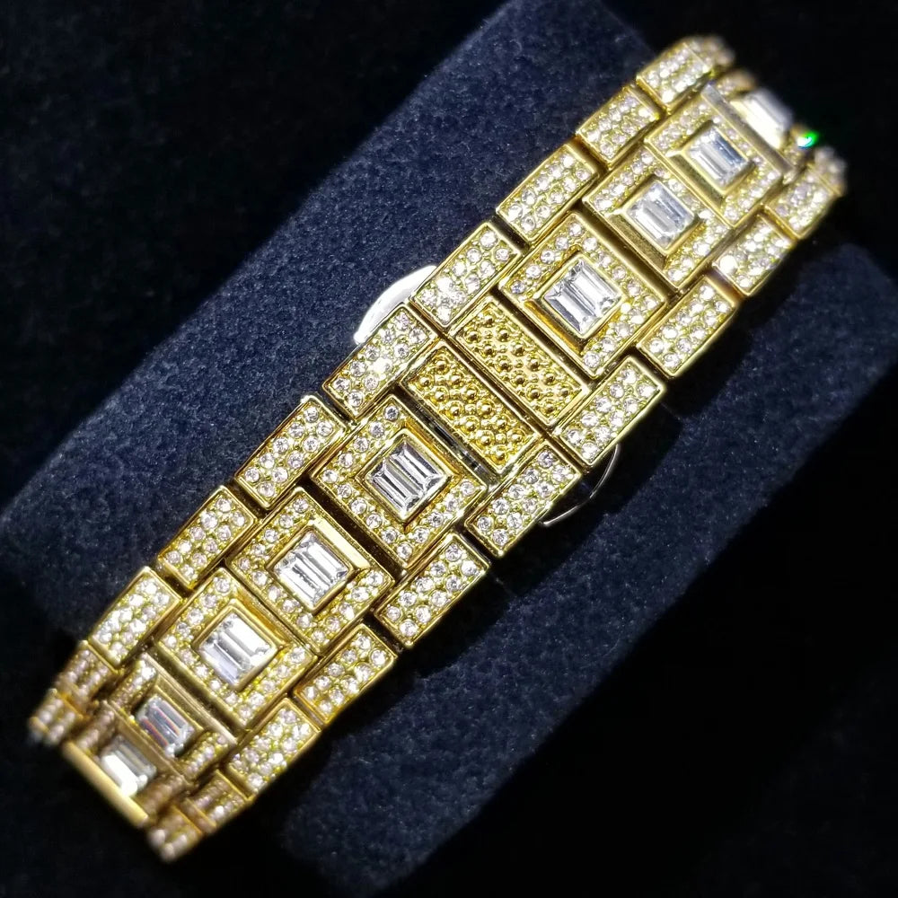 Bling Iced Out  Day Date Watch for Men Hip Hop Rap Singer West Coast Street Style Wristwatch Luxury Diamond Shiny Jewelry Clock