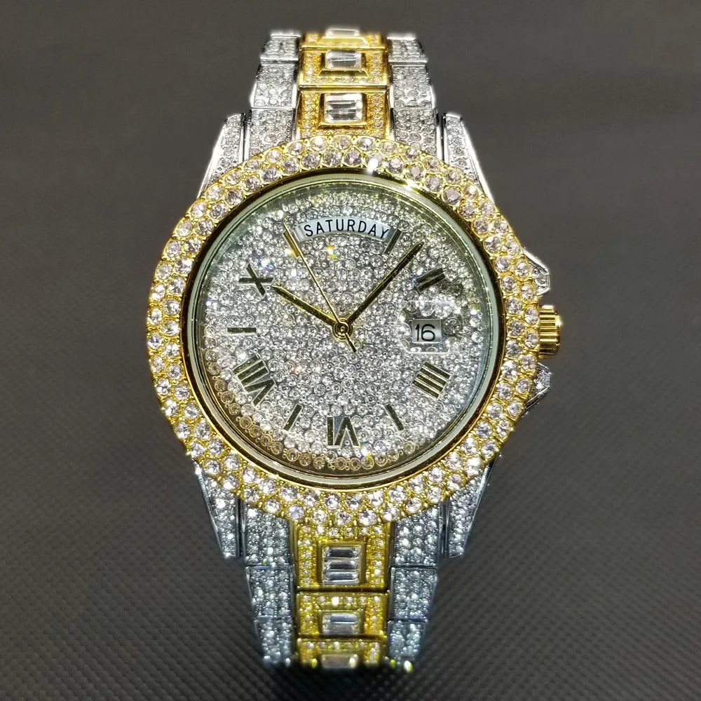 Bling Iced Out  Day Date Watch for Men Hip Hop Rap Singer West Coast Street Style Wristwatch Luxury Diamond Shiny Jewelry Clock