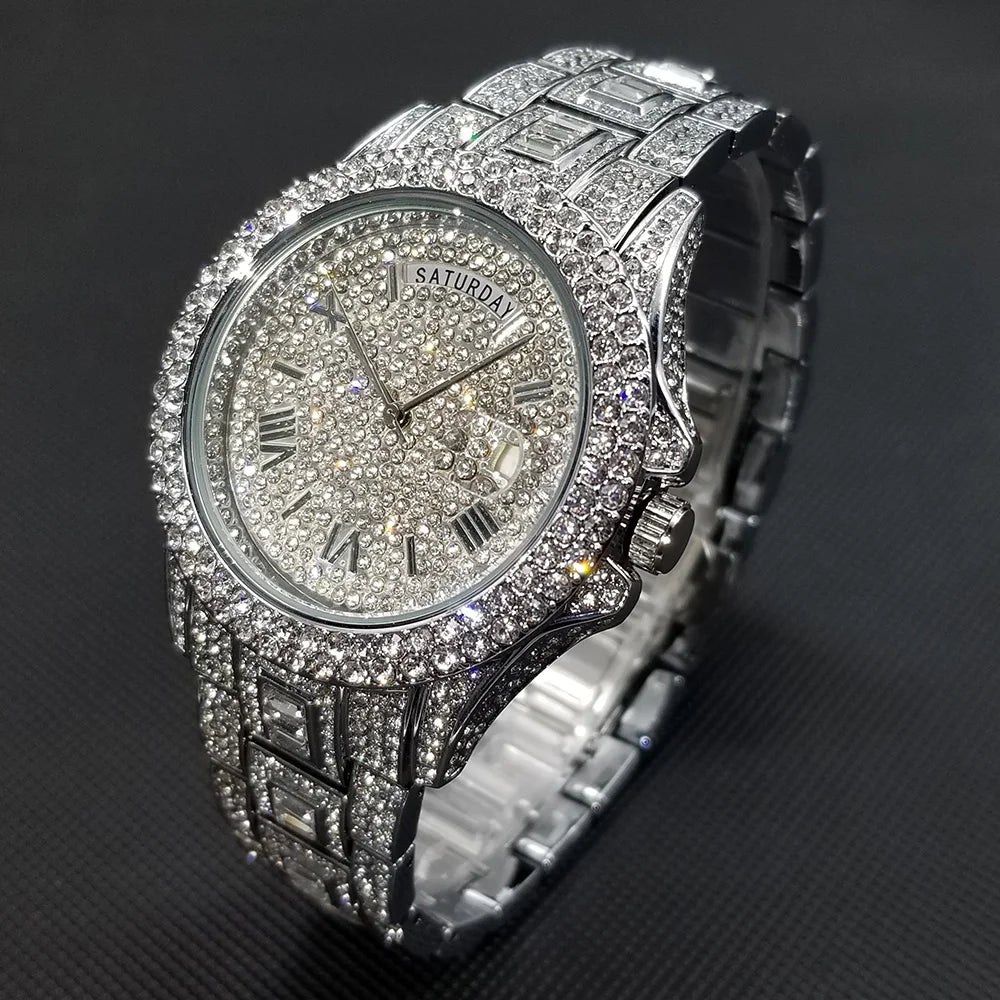 Bling Iced Out  Day Date Watch for Men Hip Hop Rap Singer West Coast Street Style Wristwatch Luxury Diamond Shiny Jewelry Clock
