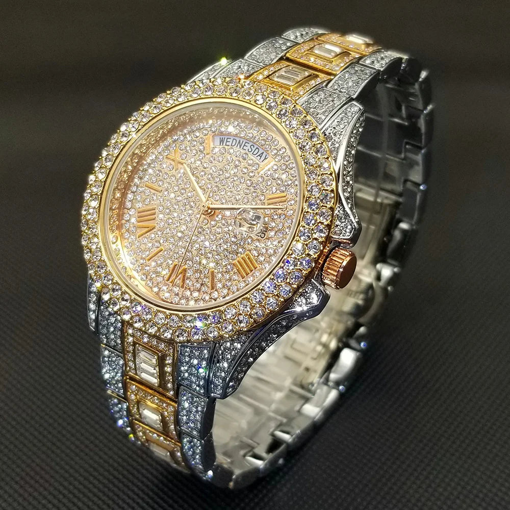 Bling Iced Out  Day Date Watch for Men Hip Hop Rap Singer West Coast Street Style Wristwatch Luxury Diamond Shiny Jewelry Clock