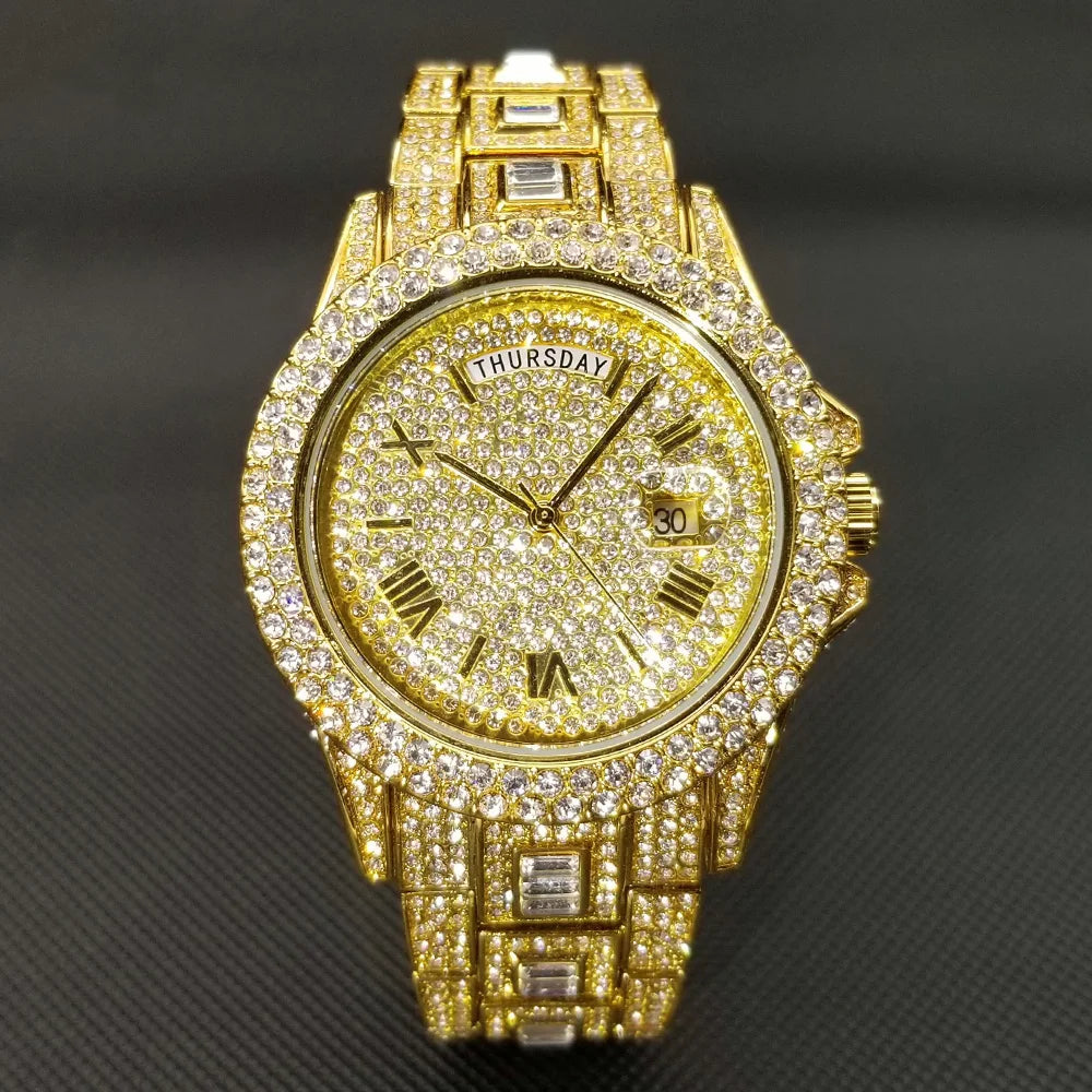 Bling Iced Out  Day Date Watch for Men Hip Hop Rap Singer West Coast Street Style Wristwatch Luxury Diamond Shiny Jewelry Clock