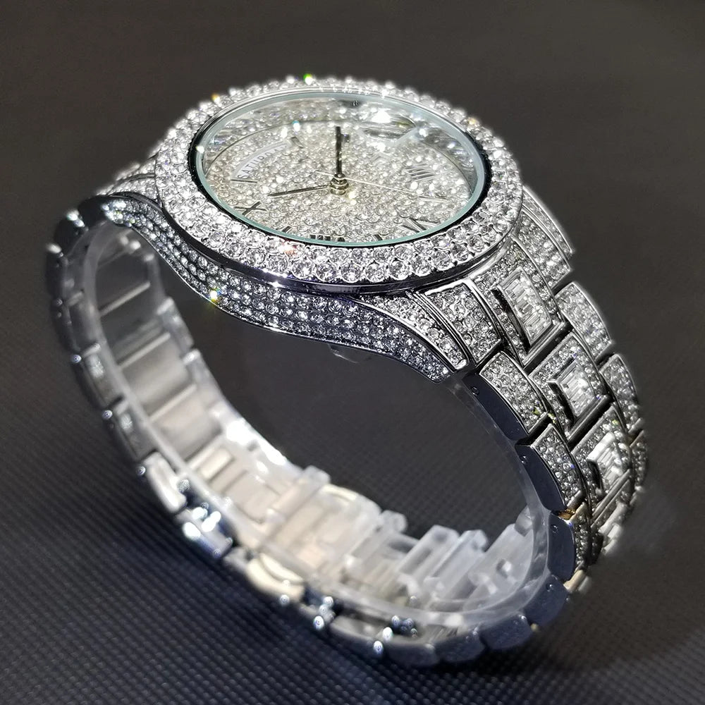 Bling Iced Out  Day Date Watch for Men Hip Hop Rap Singer West Coast Street Style Wristwatch Luxury Diamond Shiny Jewelry Clock