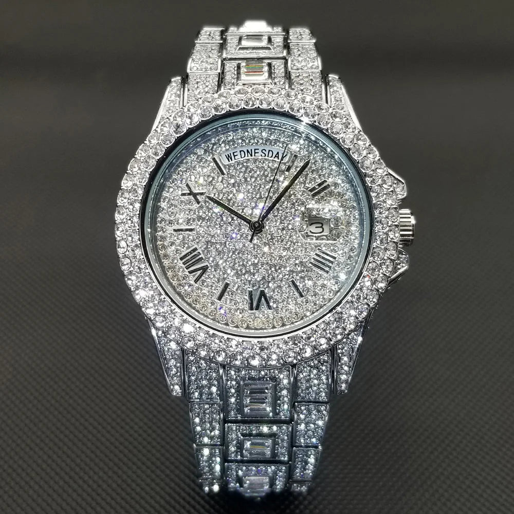 Bling Iced Out  Day Date Watch for Men Hip Hop Rap Singer West Coast Street Style Wristwatch Luxury Diamond Shiny Jewelry Clock