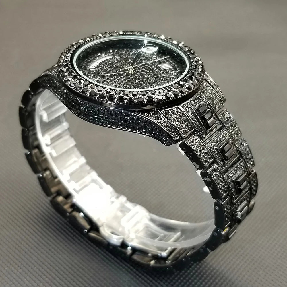 Bling Iced Out  Day Date Watch for Men Hip Hop Rap Singer West Coast Street Style Wristwatch Luxury Diamond Shiny Jewelry Clock