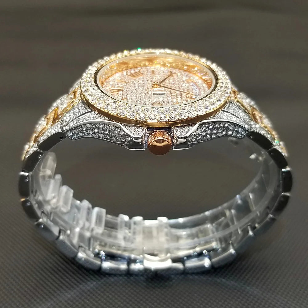 Bling Iced Out  Day Date Watch for Men Hip Hop Rap Singer West Coast Street Style Wristwatch Luxury Diamond Shiny Jewelry Clock