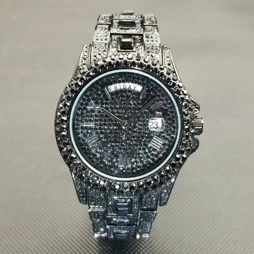 Bling Iced Out  Day Date Watch for Men Hip Hop Rap Singer West Coast Street Style Wristwatch Luxury Diamond Shiny Jewelry Clock