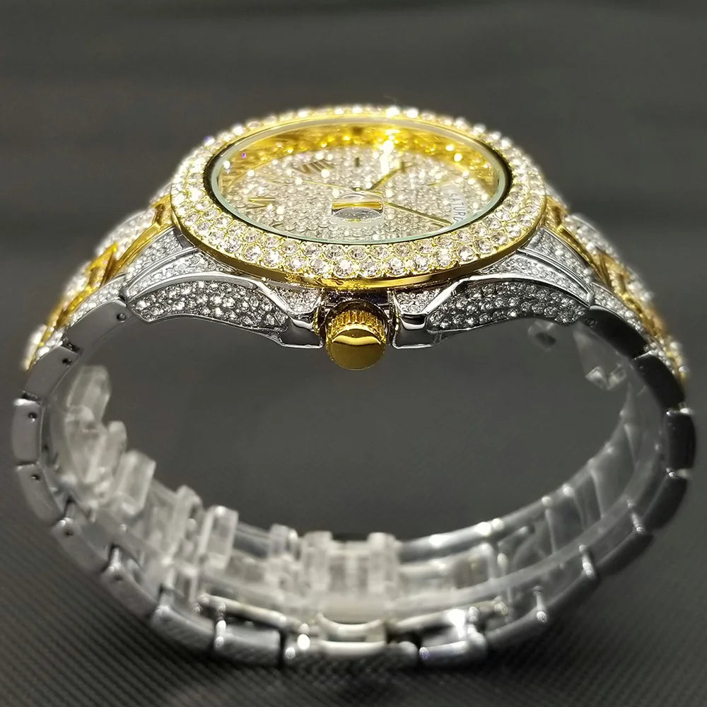 Bling Iced Out  Day Date Watch for Men Hip Hop Rap Singer West Coast Street Style Wristwatch Luxury Diamond Shiny Jewelry Clock