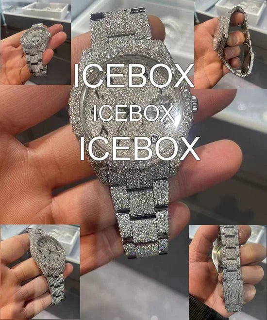 Pass Diamond Tester Custom Glass Dial Moissanite Stainless Steel Bracelet Clasp Watch Color VVS Iced Hiphop 10 Bar Water