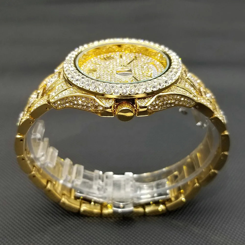 Bling Iced Out  Day Date Watch for Men Hip Hop Rap Singer West Coast Street Style Wristwatch Luxury Diamond Shiny Jewelry Clock