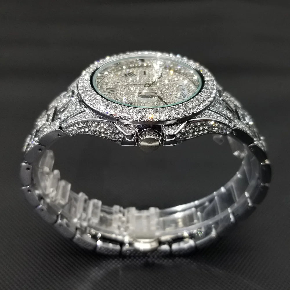 Bling Iced Out  Day Date Watch for Men Hip Hop Rap Singer West Coast Street Style Wristwatch Luxury Diamond Shiny Jewelry Clock