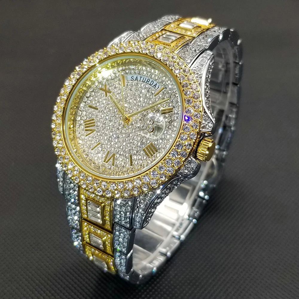 Bling Iced Out  Day Date Watch for Men Hip Hop Rap Singer West Coast Street Style Wristwatch Luxury Diamond Shiny Jewelry Clock