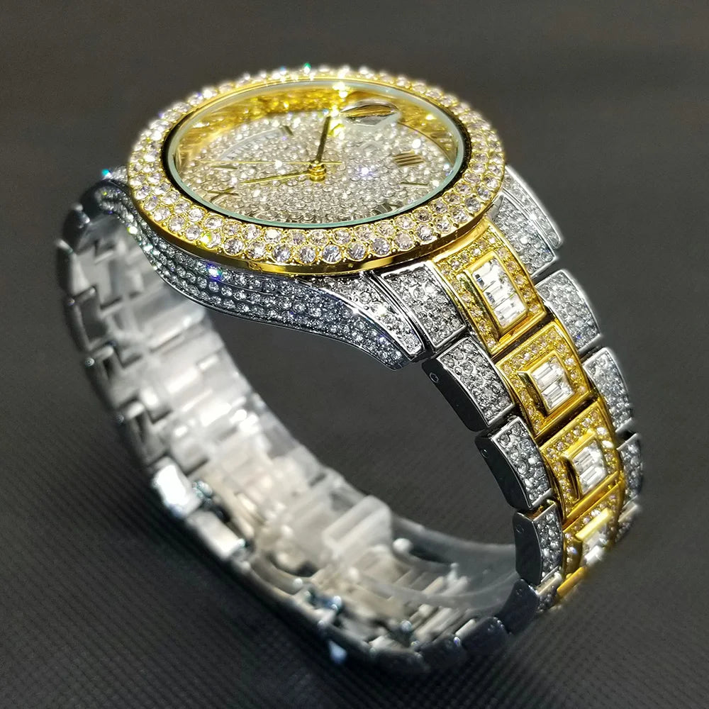 Bling Iced Out  Day Date Watch for Men Hip Hop Rap Singer West Coast Street Style Wristwatch Luxury Diamond Shiny Jewelry Clock