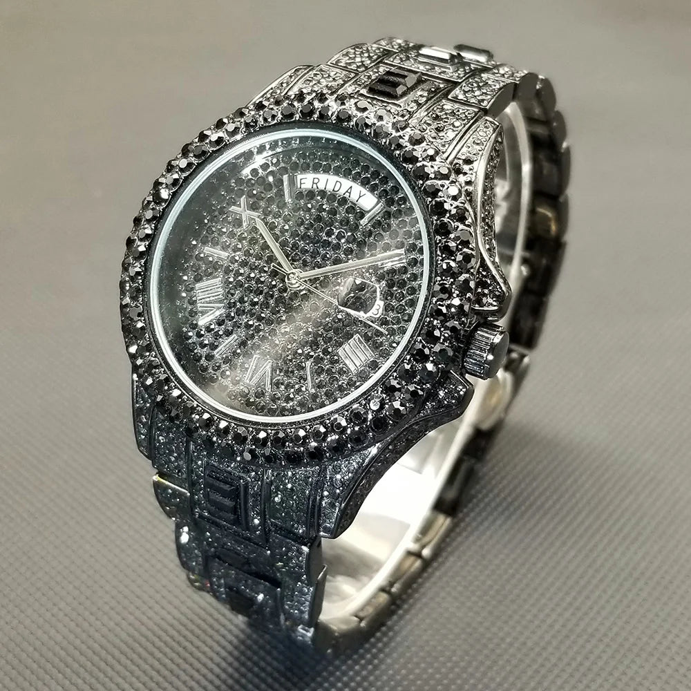 Bling Iced Out  Day Date Watch for Men Hip Hop Rap Singer West Coast Street Style Wristwatch Luxury Diamond Shiny Jewelry Clock