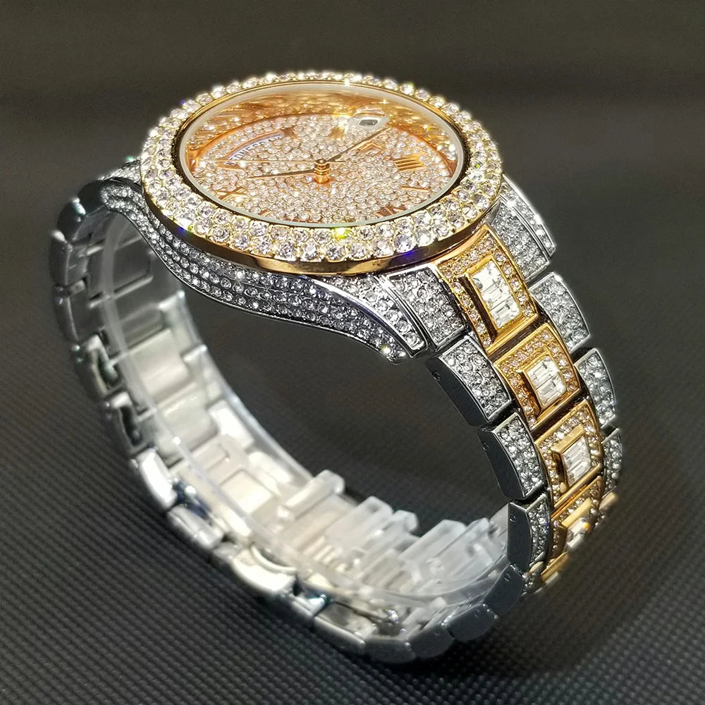 Bling Iced Out  Day Date Watch for Men Hip Hop Rap Singer West Coast Street Style Wristwatch Luxury Diamond Shiny Jewelry Clock
