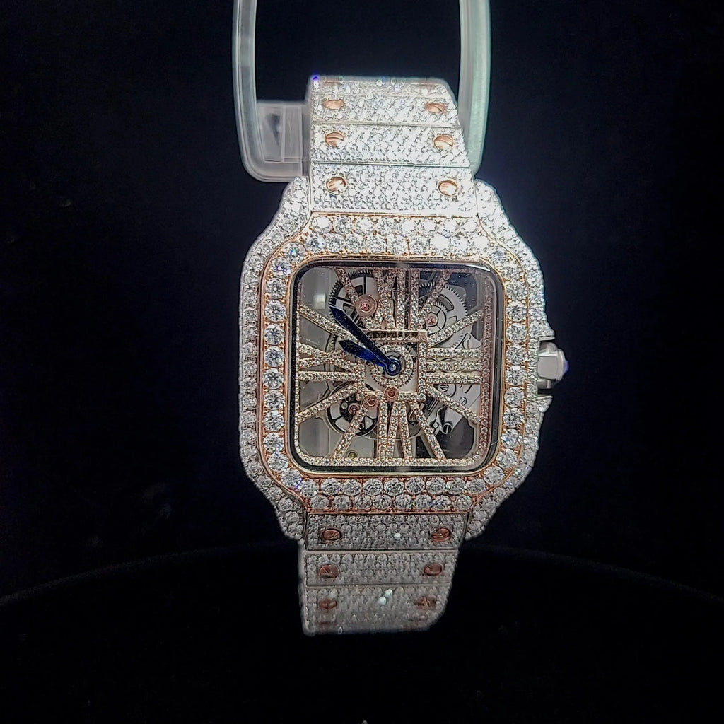 Luxury Iced Out Skeleton Square Watch Full Diamond Pave Bracelet Blue Sapphire Crown Hip Hop Style Custom Men’s Watch