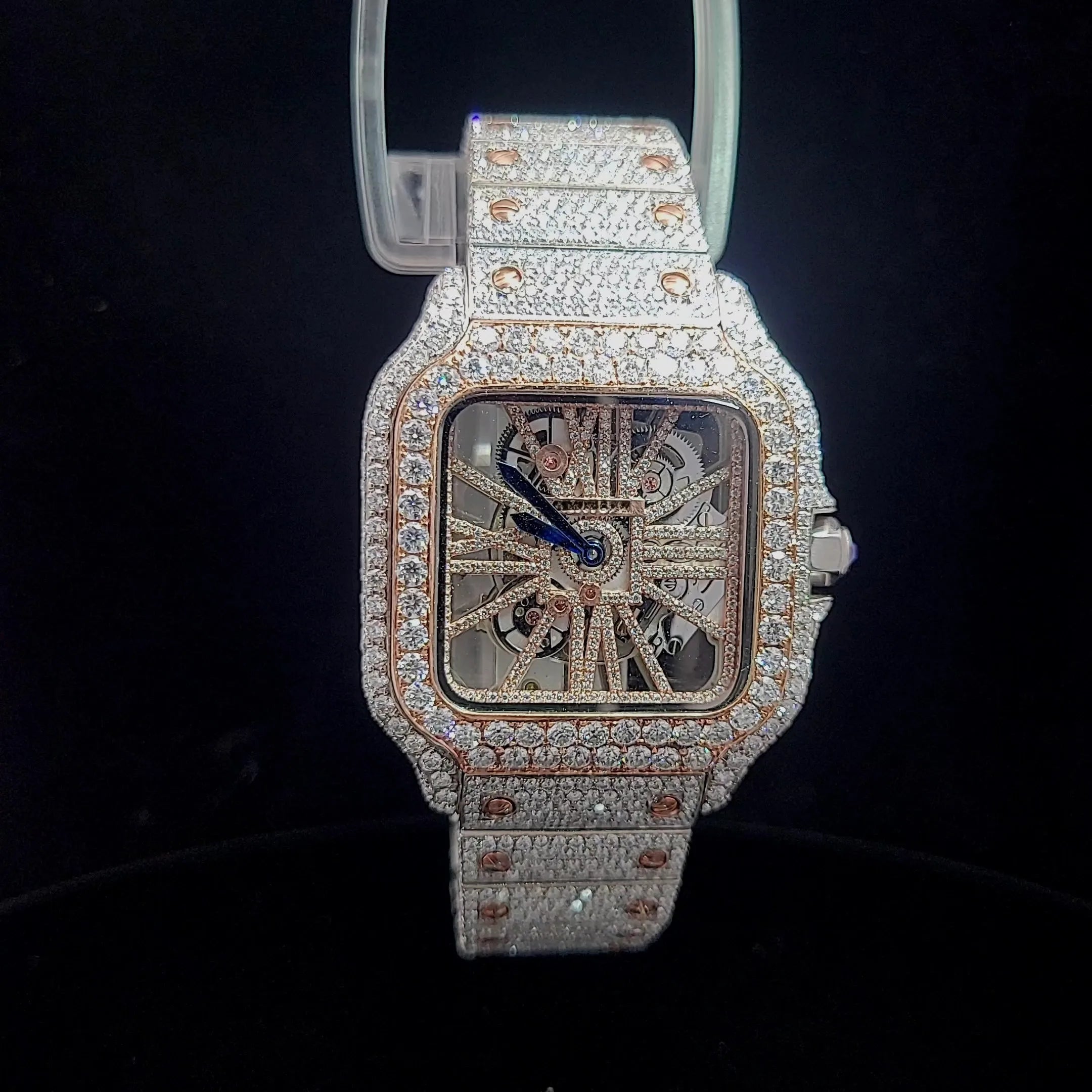 Luxury Iced Out Skeleton Square Watch Full Diamond Pave Bracelet Blue Sapphire Crown Hip Hop Style Custom Men’s Watch