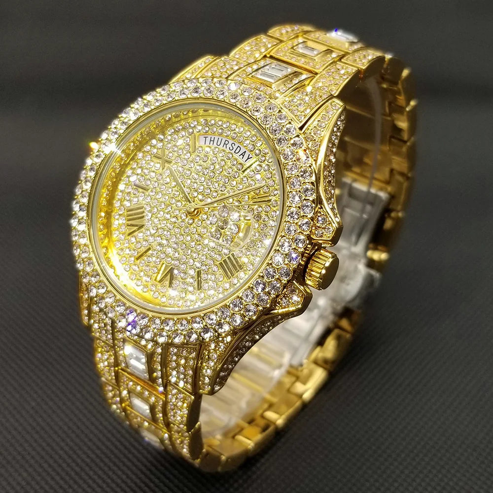 Bling Iced Out  Day Date Watch for Men Hip Hop Rap Singer West Coast Street Style Wristwatch Luxury Diamond Shiny Jewelry Clock