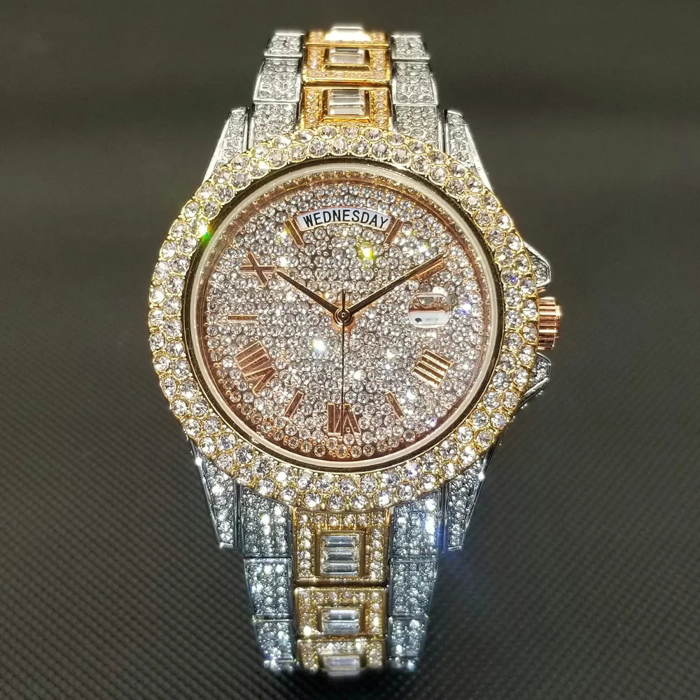 Bling Iced Out  Day Date Watch for Men Hip Hop Rap Singer West Coast Street Style Wristwatch Luxury Diamond Shiny Jewelry Clock