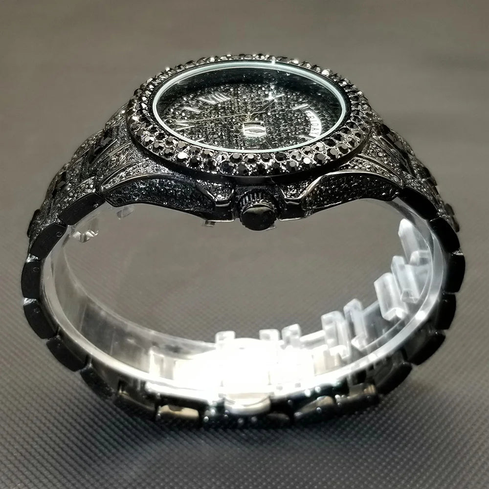 Bling Iced Out  Day Date Watch for Men Hip Hop Rap Singer West Coast Street Style Wristwatch Luxury Diamond Shiny Jewelry Clock
