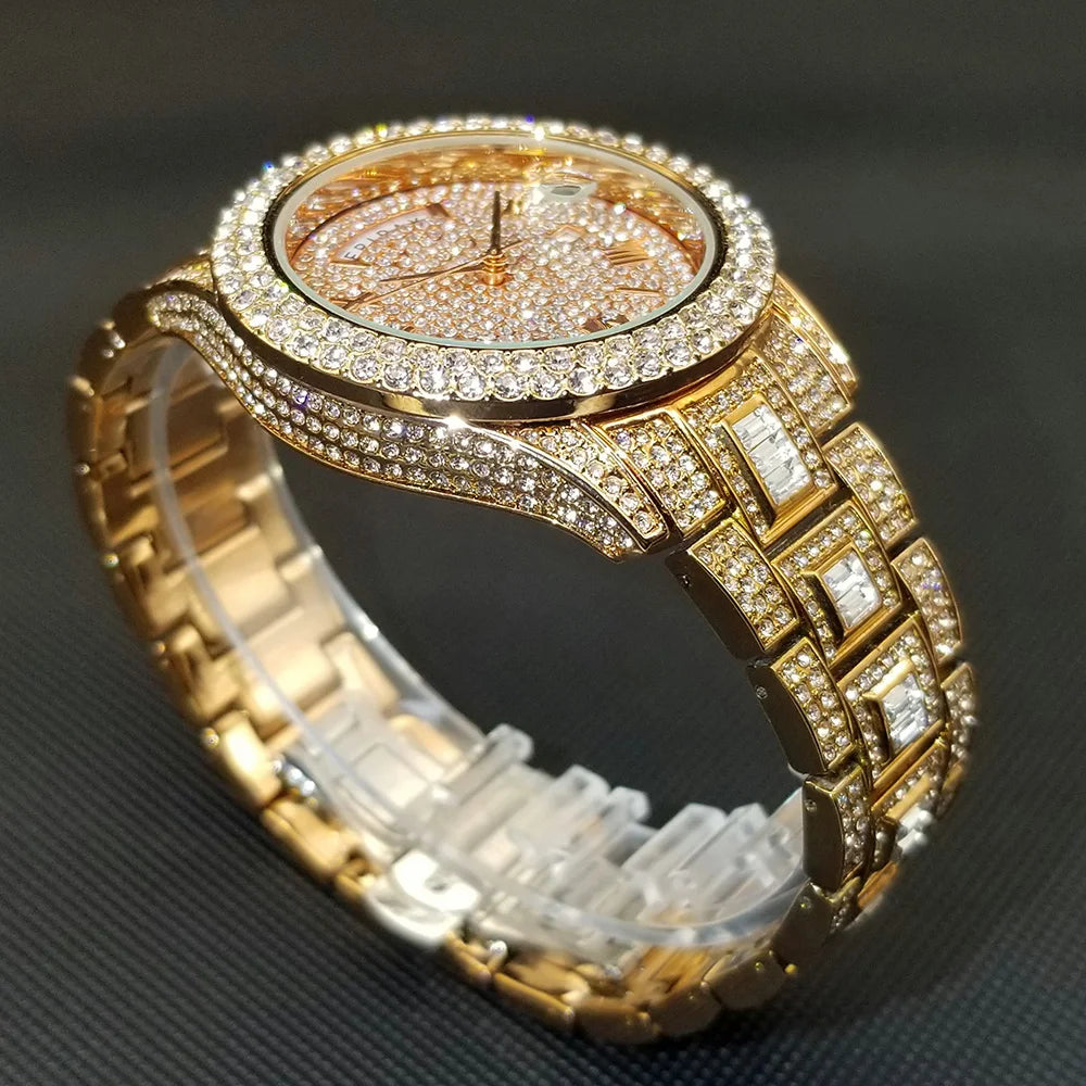 Bling Iced Out  Day Date Watch for Men Hip Hop Rap Singer West Coast Street Style Wristwatch Luxury Diamond Shiny Jewelry Clock