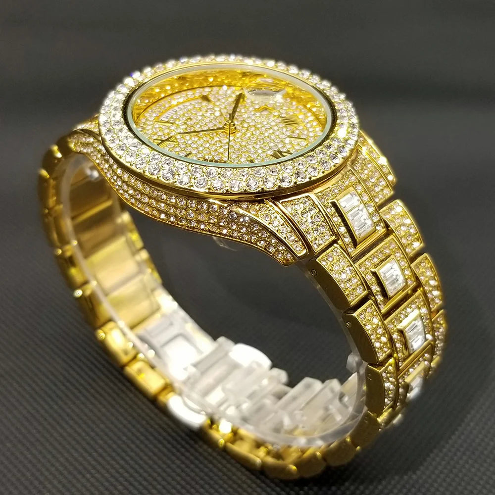 Bling Iced Out  Day Date Watch for Men Hip Hop Rap Singer West Coast Street Style Wristwatch Luxury Diamond Shiny Jewelry Clock